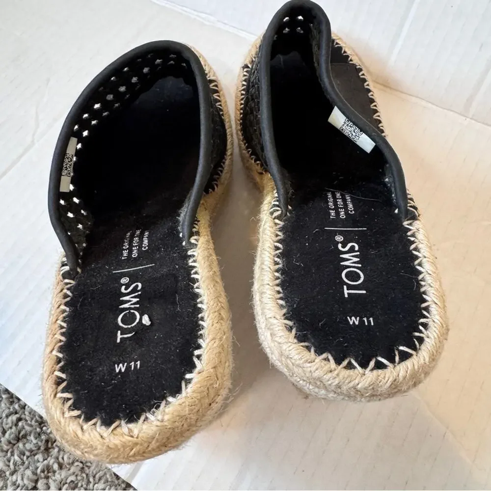Toms Black Leather Peep Toe Espadrille Wedge Sandals Womens 11 Beachy Summer